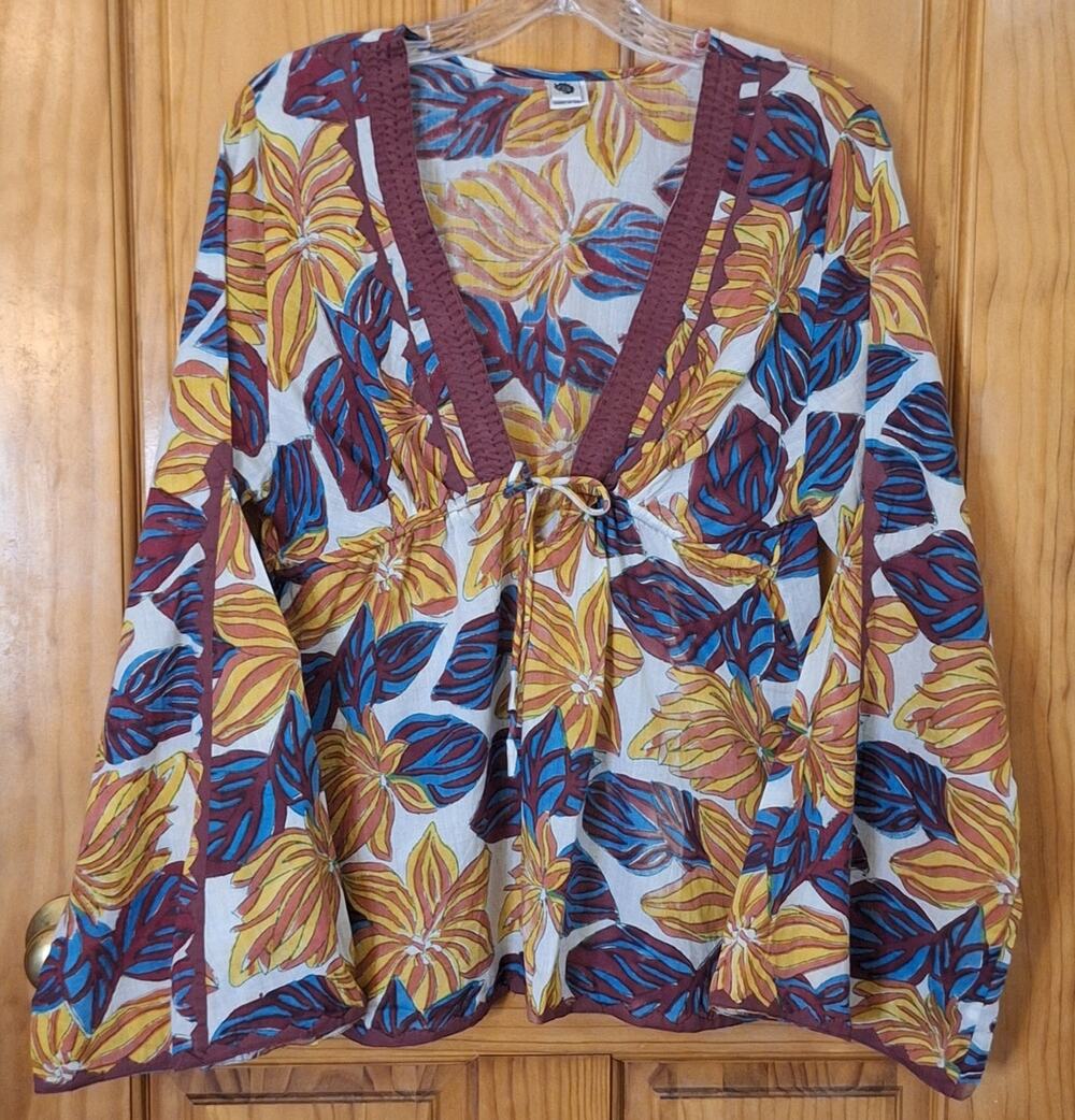 Woven Cotton Shirt Size Small Bell Sleeves Tropical Summer Beach Coastal India